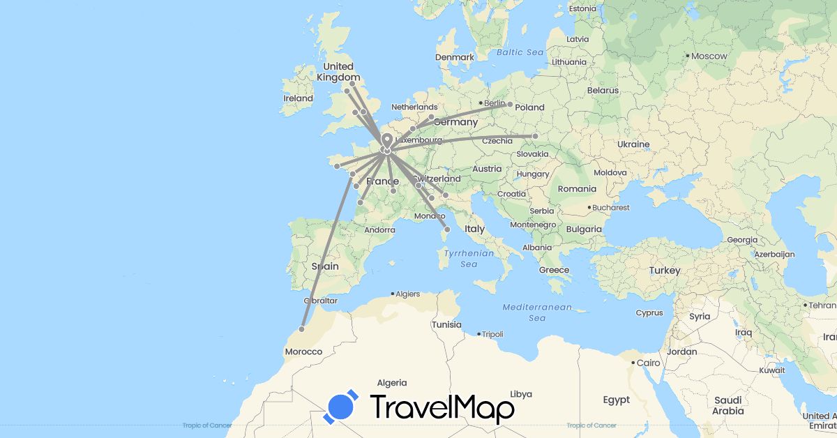 TravelMap itinerary: plane in Belgium, Switzerland, Germany, France, United Kingdom, Italy, Morocco, Poland (Africa, Europe)